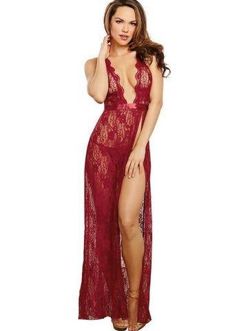 Sexy Deep V Neck Lace Forked Women Lingerie Red